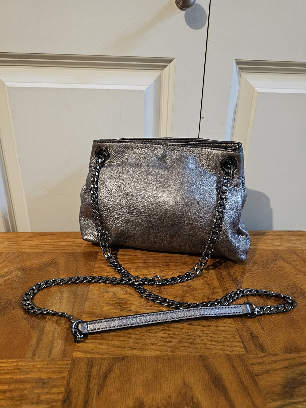 Michael Kors Metallic Pewter Pebbled Leather Shoulder Bag with Chain Strap